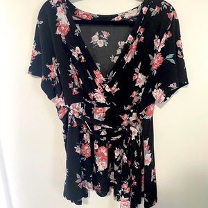 Black floral wrap blouse